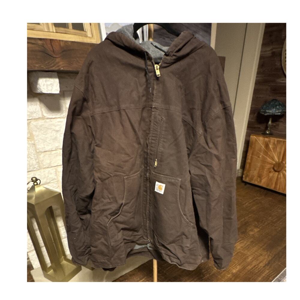 Carhartt Brown Hooded Lined Zip Workwear Jacket Men's 3XL Tall Logo